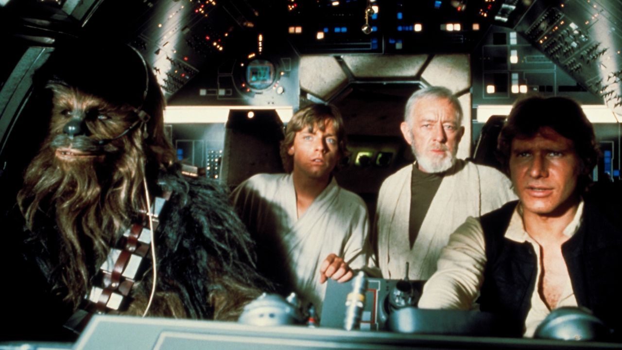 The interior of the Millennium Falcon in a shot from Episode IV. Notice Christian's dice, hanging from the ceiling of the cockpit.