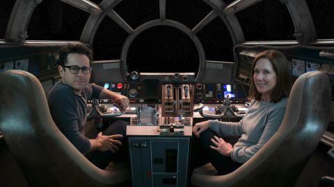 Director/producer/screenwriter J.J. Abrams and producer Kathleen Kennedy in the cockpit of Episode VII's Millennium Falcon.