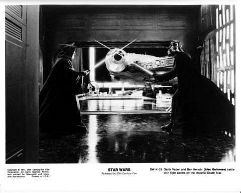 Obi-Wan Kenobi and Darth Vader duke it out in front of the Millennium Falcon in "A New Hope." The spaceship was constructed in a hanger in Leavesden, the original surroundings looking like the Mos Eisley port. Once those scenes were shot the set was dressed as the docking bay from the Death Star.