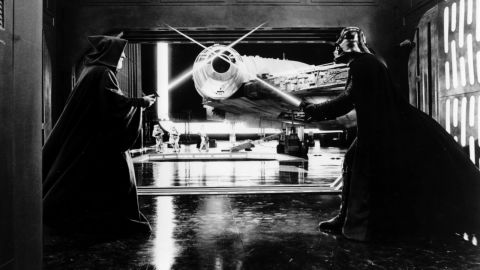 The Millennium Falcon in the Death Star docking bay, filmed at Leavesden studios.