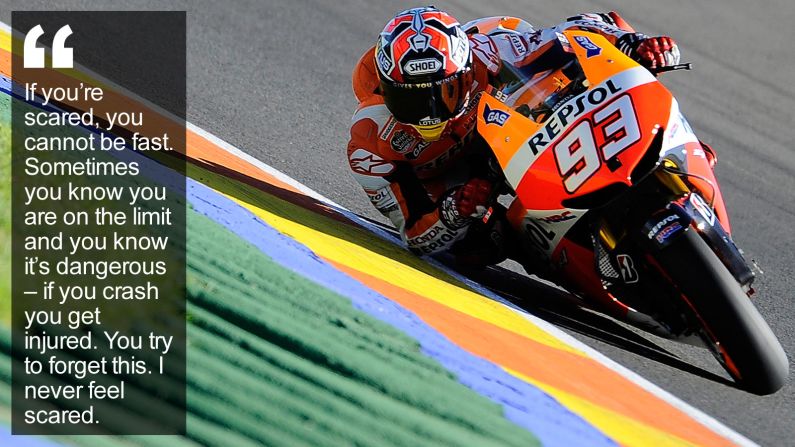 His fearless attitude has helped him overcome career-threatening injuries to become the brightest young star in motorcycling, challenging MotoGP legend Valentino Rossi. <a href="http://edition.cnn.com/2015/12/16/sport/marc-marquez-motogp-motorcycling/index.html" target="_blank">Read more</a>