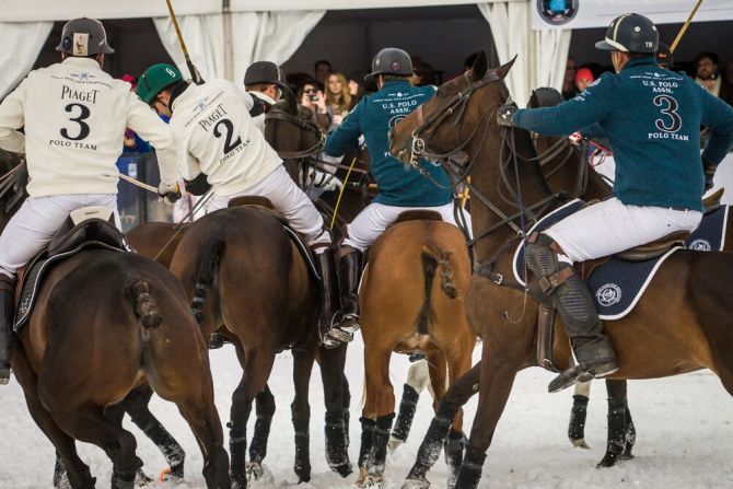 Like arena polo -- a fast-paced version played on all-weather pitches -- teams in the snow variant have three players, one more than the traditional field format.
