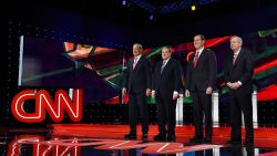 Republican presidential candidates George Pataki, Mike Huckabee, Rick Santorum and Sen. Lindsay Graham are introduced during the CNN presidential debate at The Venetian Las Vegas on December 15, 2015.