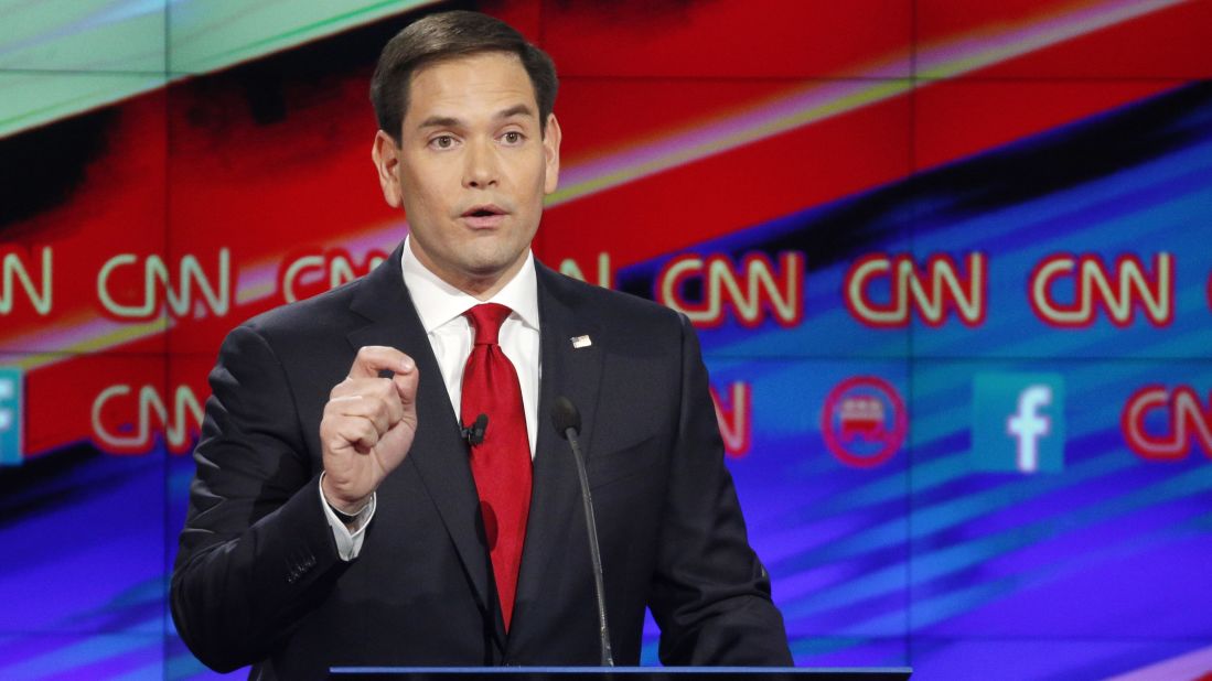 U.S. Sen. Marco Rubio answers a question during the debate. "Today you have millions of Americans that feel left out and out of place in their own country, struggling to live paycheck to paycheck, called bigots because they hold on to traditional values," the junior U.S. senator from Florida said. "And around the world, America's influence has declined while this president has destroyed our military, our allies no longer trust us, and our adversaries no longer respect us. And that is why this election is so important."