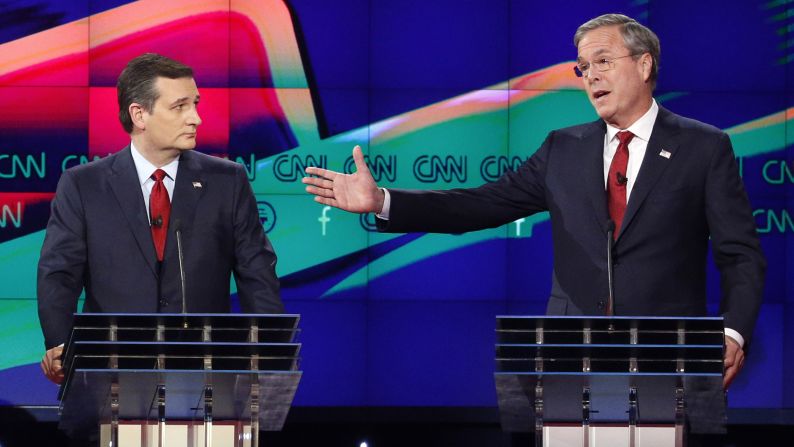 Bush makes a point as Cruz looks on during the debate. Bush clashed with Trump often during the debate, at one point calling him a "chaos candidate."