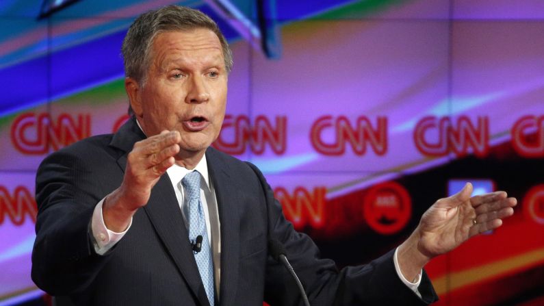 Ohio Gov. John Kasich speaks during the debate. "When we think about our country and the big issues that we face in this country -- creating jobs, making sure people can keep their jobs, the need for rising wages, whether our children when they graduate from college can find a job, protecting the homeland, destroying ISIS, rebuilding defense -- these are all the things that we need to focus on," Kasich said. "But we'll never get there if we're divided. We'll never get there if Republicans and Democrats just fight with one another."