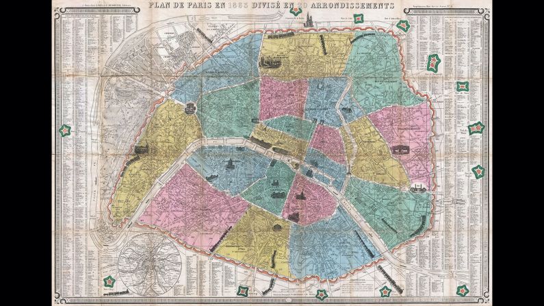 The images that some maps evoke of the spaces we live in become fixed in the imagination and become part of a location's history. Made by J.N. Henriot just three years after Napoleon III expanded the city's boundaries, it shows the division of Paris into the now well-known twenty arrondissments. The map could be folded and carried in a coat pocket. Arranged in a spiral with four pastel colors the design became known as "the snail" and was the model for later "tourist" maps made for urban spaces across the globe.