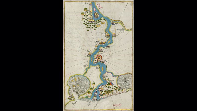 One of the golden ages of cartography is to be found in the late middle ages and the Renaissance. Here we see a masterpiece of the period from the Ottoman Admiral, Piri Reis. A manuscript map taken from a larger work called, the Book of Navigation, the territory represented is the Nile River as it approaches Cairo, including Rosetta, namesake of the famous stone. Maps like this were extravagant works of art destined to adorn the "coffee-table" or bookshelf of a wealthy Renaissance merchant.