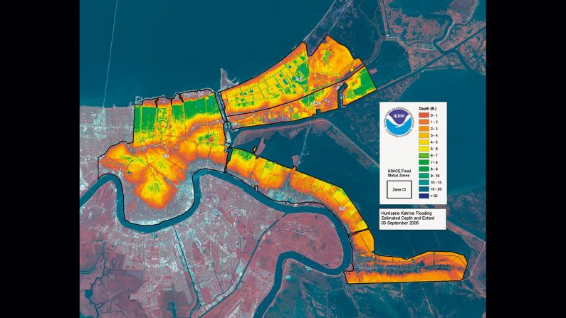 Maps have become part of the visual vocabulary of natural disasters. Satellite images and remote sensing data are critical sources of information for governments and relief agencies seeking to provide the quickest possible emergency response. This image displays, in striking color, the levels of flooding in New Orleans four days after hurricane Katrina made landfall on the Gulf Coast, causing the levees to fail, and exposing millions of residents to the effects of one of the costliest natural disasters in US history.