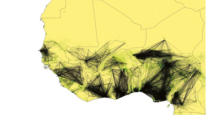 Although we tend to think of maps as images fixed in time, modern cartography has sought to represent events that are dynamic and not in equilibrium. This map uses location information taken from more than 150,000 cell-phones to show population movement of individuals in West Africa to help predict possible routes for the spread of Ebola during the epidemic of 2014. It is a typical example of how modern cartography has expanded its boundaries to map not only geographic but also social phenomena.