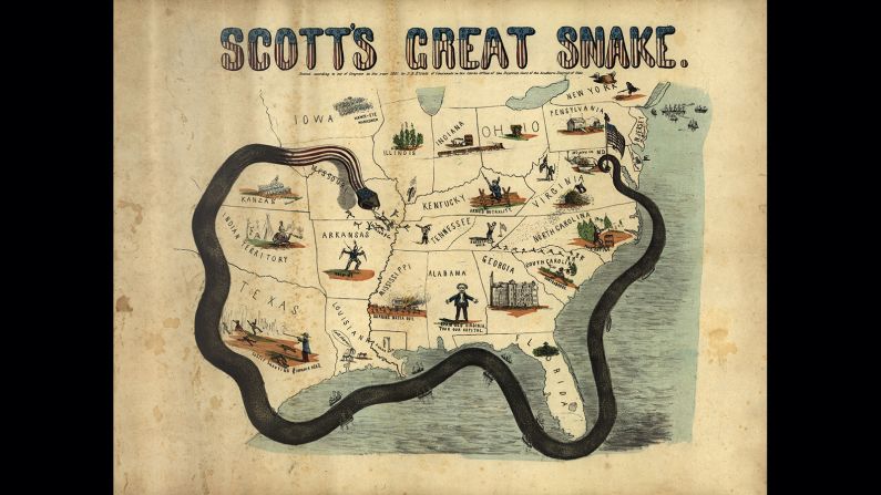 The rhetorical power of cartography is often seen as the source of its popularity and the reason for its use in political imagery. This map shows, in the drawing of an anaconda, a representation of the Union's attempt to blockade the confederate states and to "starve" the South into surrendering during the US Civil War. Named "the great snake" for the inventor of the strategy General Winfeld Scott, it was credited it helping hasten the end of the war.