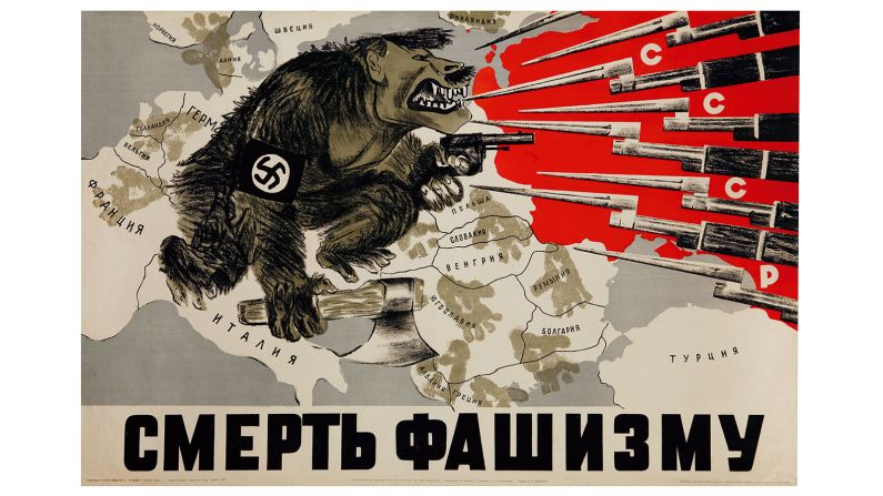 Immediately recognizable because of its striking graphic design and Soviet CCCP symbolism, this is one of the great propaganda maps made by artists shortly after Germany ended its nonaggression pact in the early summer of 1941, and crossed into Soviet territory with more than three-million troops. The image shows a monstrous Hitler (one should note the mustache and cropped hair) being held at pay by the well-equipped and better armed forces of the CCCP.