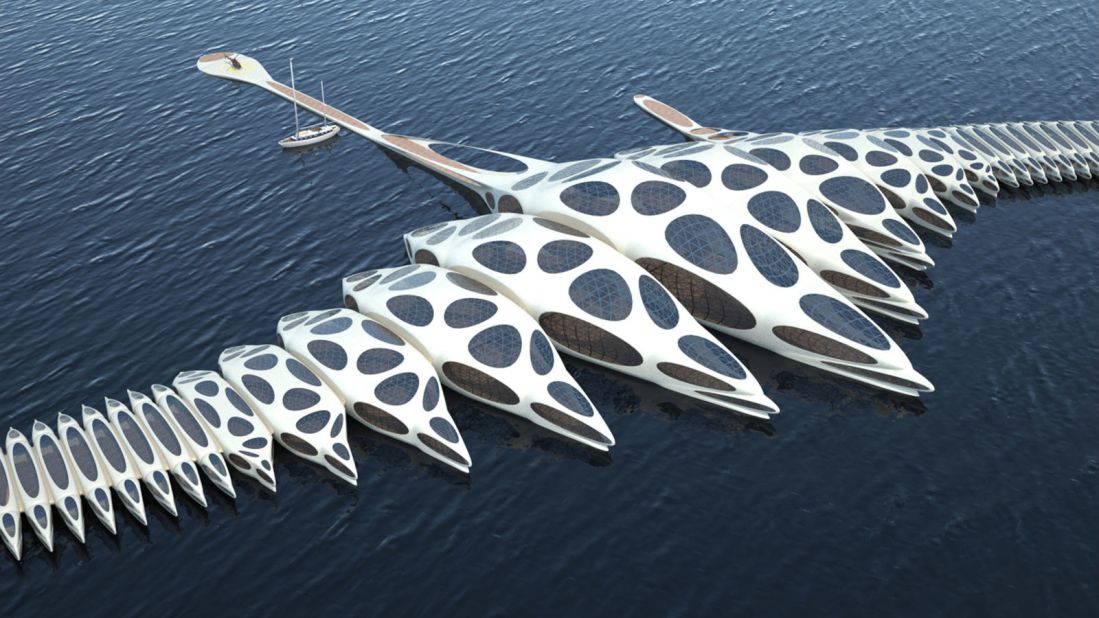 London architect Gianluca Santosuosso has come up with a floating hotel concept with a futuristic spine-like design and self-sustaining ecosystem. 
