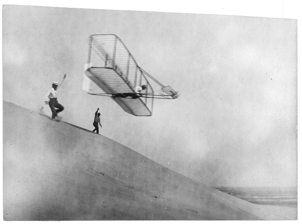 The Wrights conduct a gliding experiment in 1901.