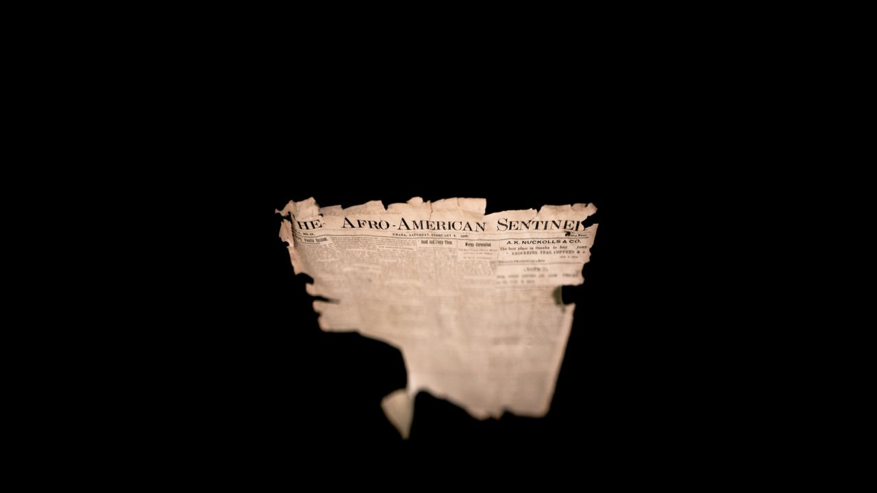 A shred of The Afro-American Sentinel newspaper, from 1899, belongs to the Great Plains Black History Museum in Omaha.