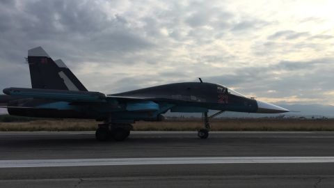 A Russian warplane at the Hmeymim airbase in Latakia, Syria 