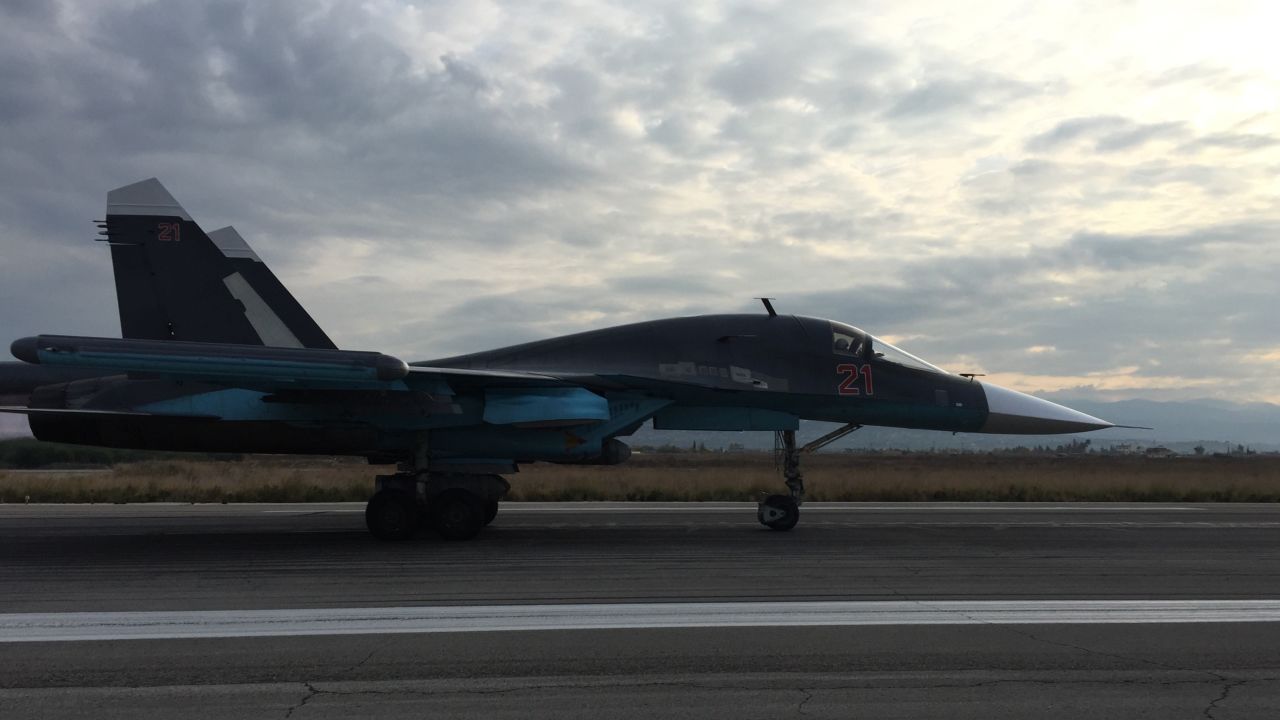 A Russian warplane at the Hmeymim airbase in Latakia, Syria