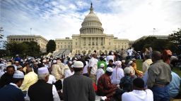Muslims pray on the west front of the US Capitol on September 25, 2009 in Washington, DC. The event "Islam on Capitol Hill" was held to pray "for the soul of America" and to show Islamic unity, according to organizers.  AFP PHOTO/Mandel NGAN (Photo credit should read MANDEL NGAN/AFP/Getty Images)