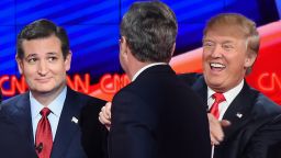 Republican presidential candidates (L-R) Ted Cruz, Jeb Bush and Donald Trump interact on stage at the end of the Republican Presidential Debate, hosted by CNN, at The Venetian Las Vegas on December 15, 2015 in Las Vegas, Nevada.