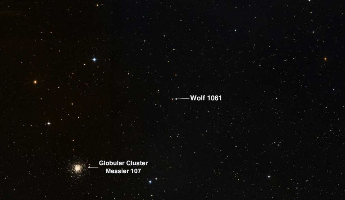 Space surrounding red dwarf star Wolf 1061. 