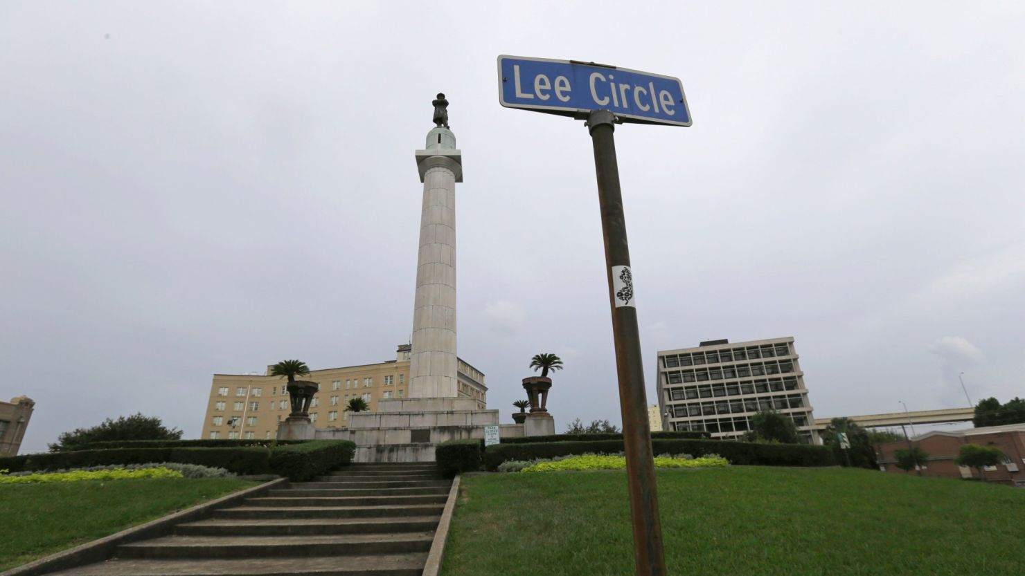 Statue of Confederate General Robert E. Lee is perched atop monument in New Orleans. (AP Photo/Gerald Herbert, File) 