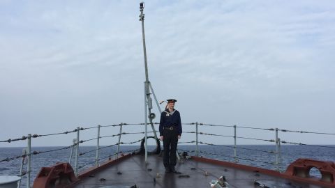On board the Moskva, a Russian warship, off the coast of Syria. "Moskva" means "Moscow" in Russian