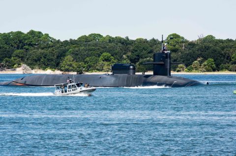 The Ohio-class guided-missile submarine USS Georgia (SSGN 729) departs Naval Submarine Base Kings Bay to conduct routine operations in October 2015.