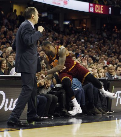 The 6-foot-8, 250 lbs forward started falling towards the front row after losing his balancing following an attempt to scoop a loose ball back into play.