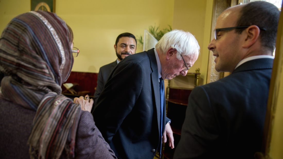 U.S. Sen. Bernie Sanders, who is seeking the Democratic Party's nomination, leaves a Washington mosque on Wednesday, December 16. Sanders attended an interfaith discussion on standing up to anti-Muslim rhetoric.