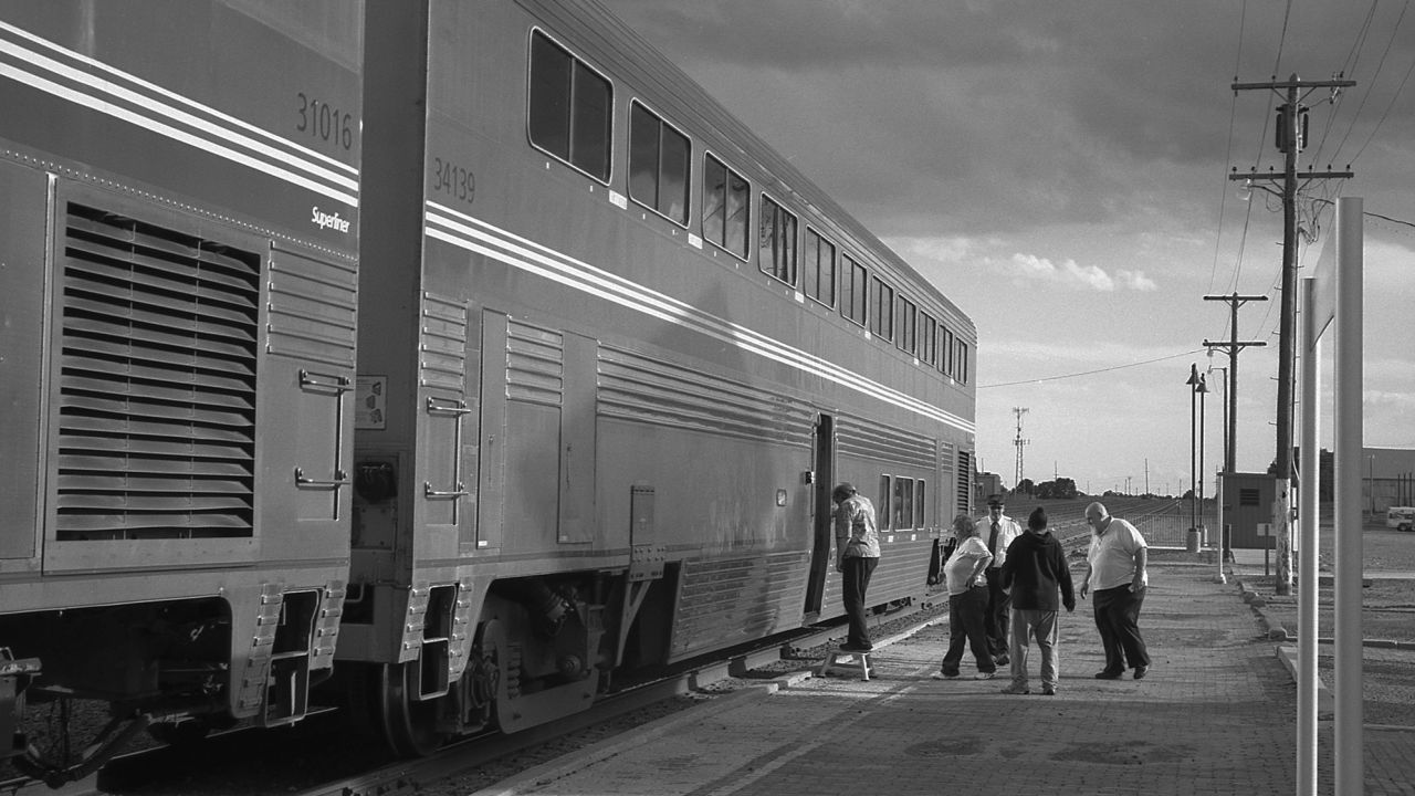 Boarding a west-bound Southwest Chief train. The Chief runs more than 2,000 miles through eight states between Chicago and Los Angeles.