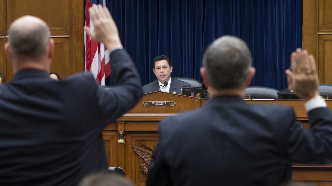 U.S. Rep. Jason Chaffetz, chairman of the House Committee on Oversight and Government Reform, swears in two Homeland Security officials to testify about terrorism safeguards on Thursday, December 17. The committee wants to ensure that would-be extremists are not exploiting a variety of legal paths to travel to the United States.