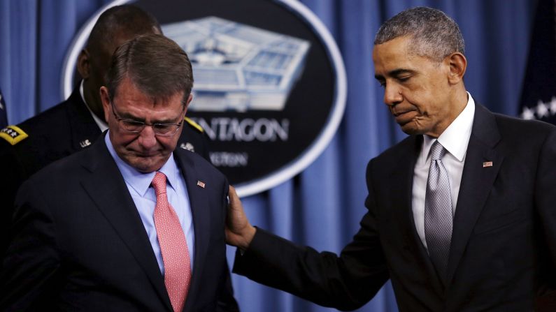 U.S. President Barack Obama, right, leaves with Defense Secretary Ash Carter after <a href="index.php?page=&url=http%3A%2F%2Fwww.cnn.com%2F2015%2F12%2F14%2Fpolitics%2Fobama-pentagon-isis-strategy%2Findex.html" target="_blank">delivering a statement at the Pentagon</a> on Monday, December 14. Obama said the U.S.-led military coalition is hitting the ISIS militant group "harder than ever."