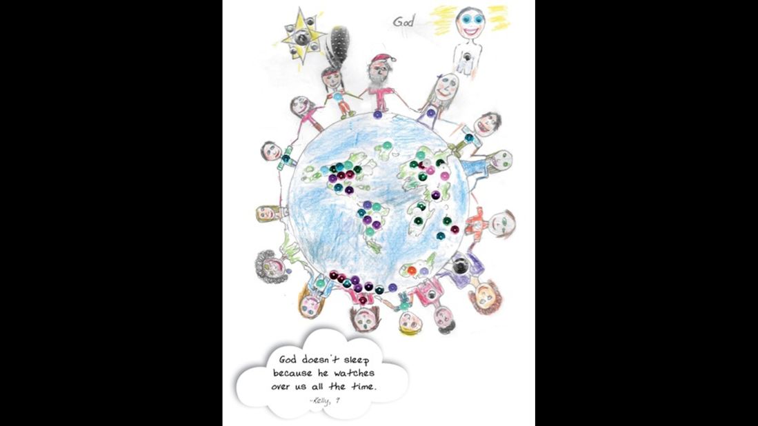 Under her illustration, Kelly, age 9, wrote, "God doesn't sleep because he watches over us all the time." 