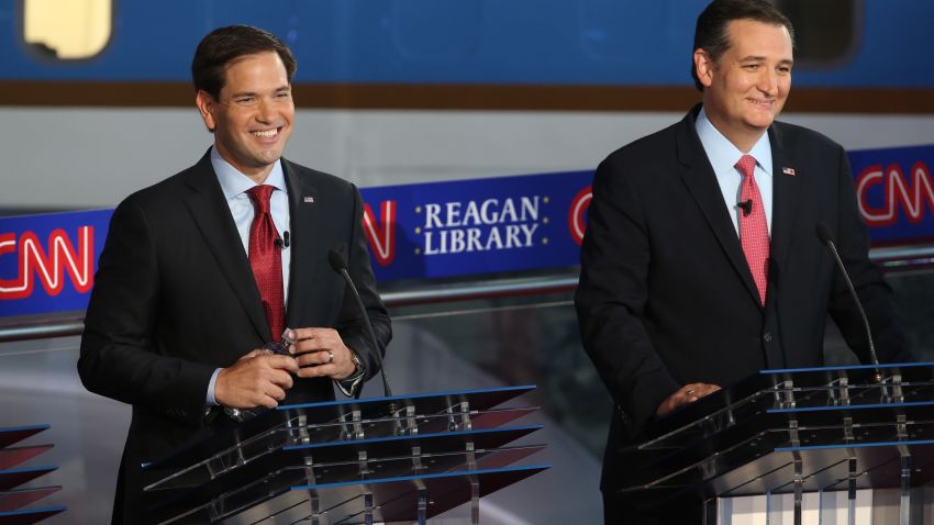 Republican presidential candidate Marco Rubio and Ted Cruz take part in the presidential debates at the Reagan Library on September 16, 2015 in Simi Valley, California. Fifteen Republican presidential candidates are participating in the second set of Republican presidential debates.