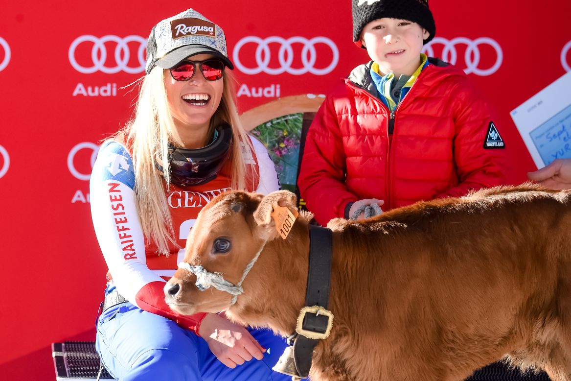  Lara Gut of Switzerland took 1st place and possession of a cow which is traditionally given to the race winner.