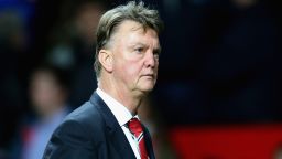 Louis van Gaal leaves the pitch after 1-2 defeat against Norwich City at Old Trafford.