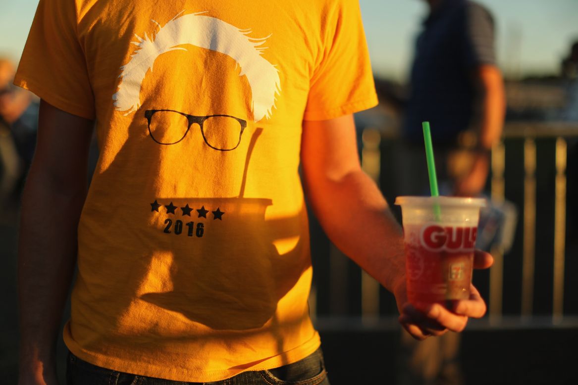 A supporter wears a T-shirt for U.S. Sen. Bernie Sanders during a campaign rally in Manassas, Virginia, on September 14.