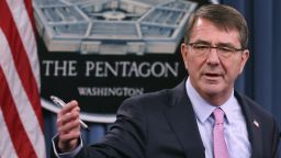 ARLINGTON, VA - MARCH 11:  U.S. Secretary of Defense Ash Carter answers reporters' questions during a news conference with the United Kingdom Secretary of State for Defense Michael Fallon at the Pentagon March 11, 2015 in Arlington, Virginia. Carter and Fallon held a bi-lateral meeting to discuss many topics, including the ongoing campaign against the Islamic State of Iraq and the Levant (ISIL) and their countries' continued work to help the Ukraine government forces improve their capabilities in intelligence, communications, logistics and first aid.  (Photo by Chip Somodevilla/Getty Images)