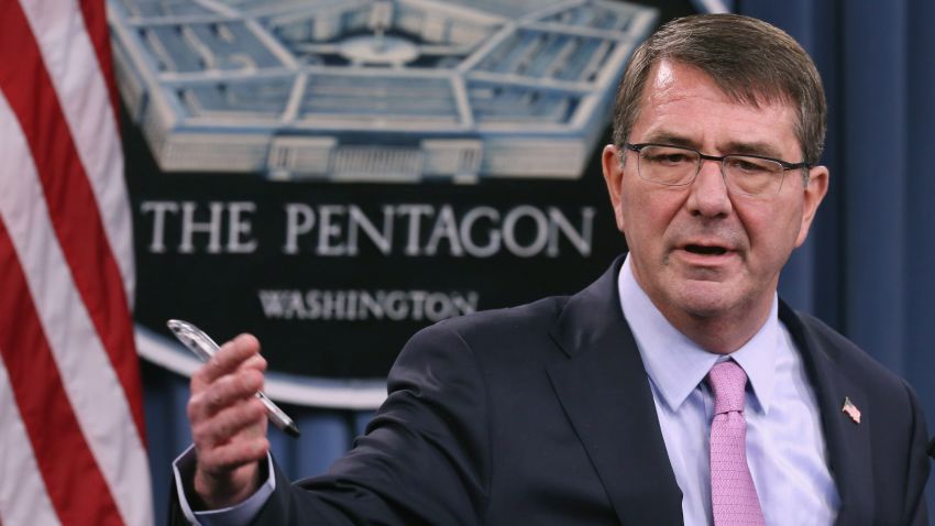 ARLINGTON, VA - MARCH 11: U.S. Secretary of Defense Ash Carter answers reporters' questions during a news conference with the United Kingdom Secretary of State for Defense Michael Fallon at the Pentagon March 11, 2015 in Arlington, Virginia. Carter and Fallon held a bi-lateral meeting to discuss many topics, including the ongoing campaign against the Islamic State of Iraq and the Levant (ISIL) and their countries' continued work to help the Ukraine government forces improve their capabilities in intelligence, communications, logistics and first aid. (Photo by Chip Somodevilla/Getty Images)
