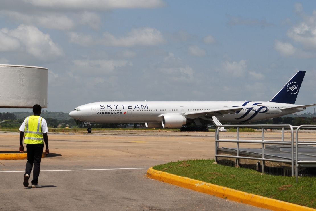 An Air France flight sits on the runway at Moi International Airport in Mombasa, Kenya.