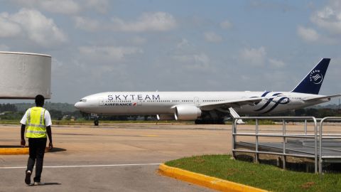 An Air France flight sits on the runway at Moi International Airport in Mombasa, Kenya.