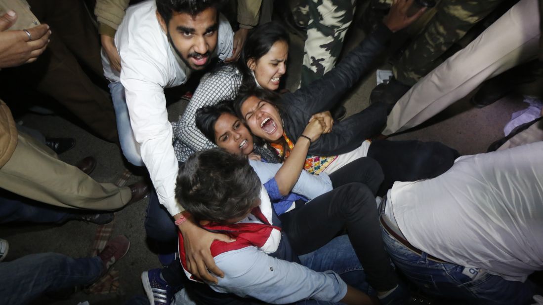 Delhi police detain activists who were protesting  in New Delhi on Sunday against the release of the convict in the 2012 gang rape case.