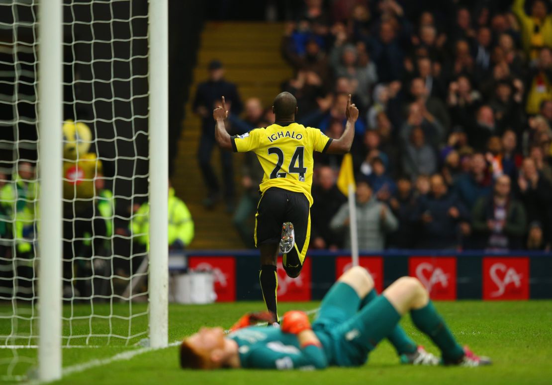 Watford striker Odion Ighalio celebrates his second goal against Liverpool.