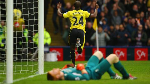 Watford striker Odion Ighalio celebrates his second goal against Liverpool.