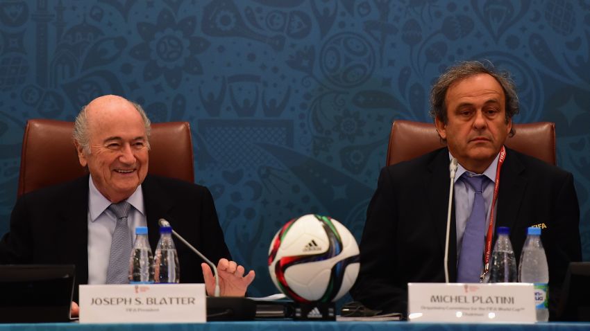 SAINT PETERSBURG, RUSSIA - JULY 25:  FIFA President Joseph S. Blatter and UEFA President Michel Platini look on during the Team Seminar ahead of the Preliminary Draw of the 2018 FIFA World Cup at the Corinthia Hotel on July 25, 2015 in Saint Petersburg, Russia.  (Photo by Shaun Botterill/Getty Images)