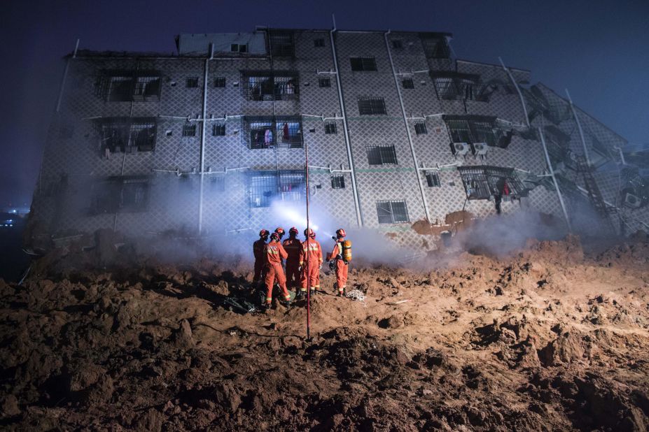 The badly damaged buildings made it extremely dangerous for rescue workers.