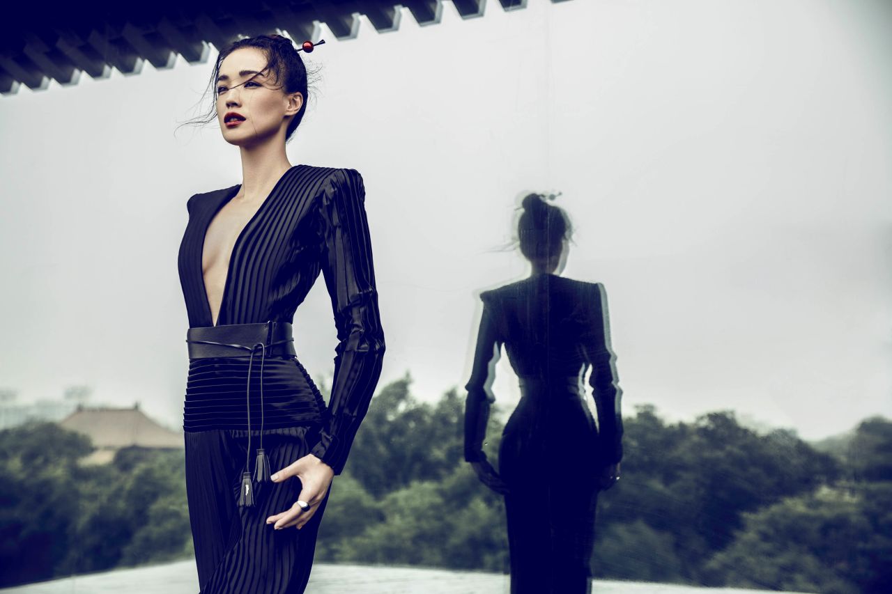 Taiwanese actress Shu Qi poses for Chen Man in 2015 for Harper's Bazaar.