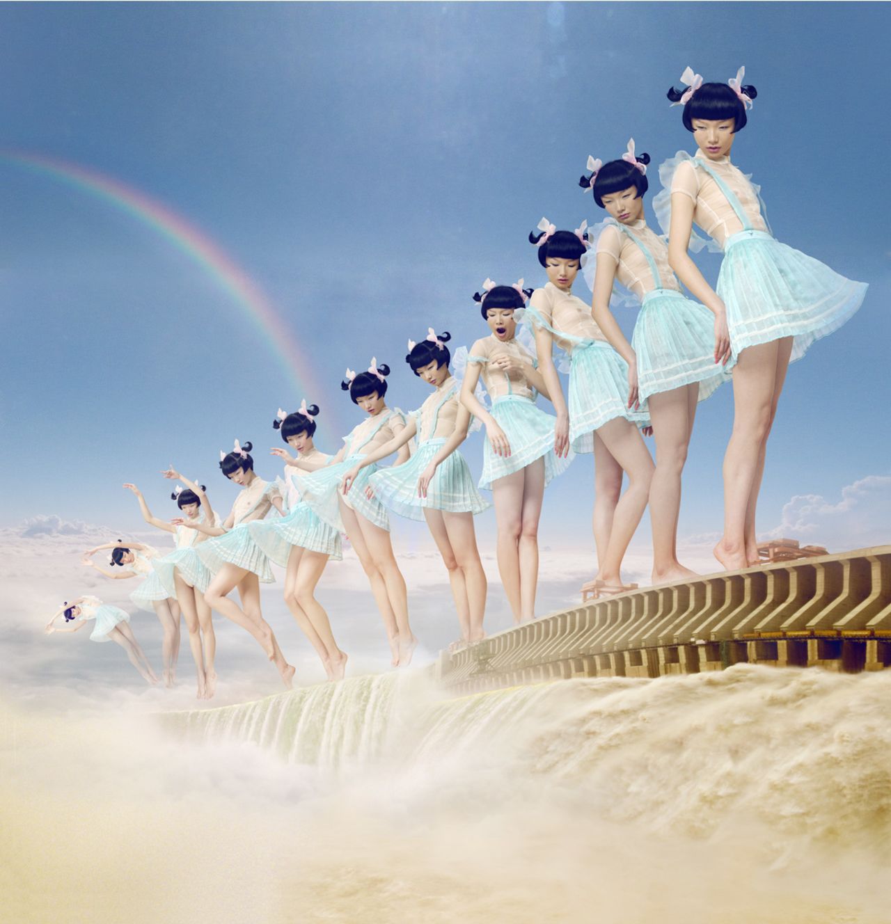 In earlier works, like this photo, "Young Pioneer and the Three Gorges" from 2008, Chen Man heavily uses post-production techniques to create surreal images. 