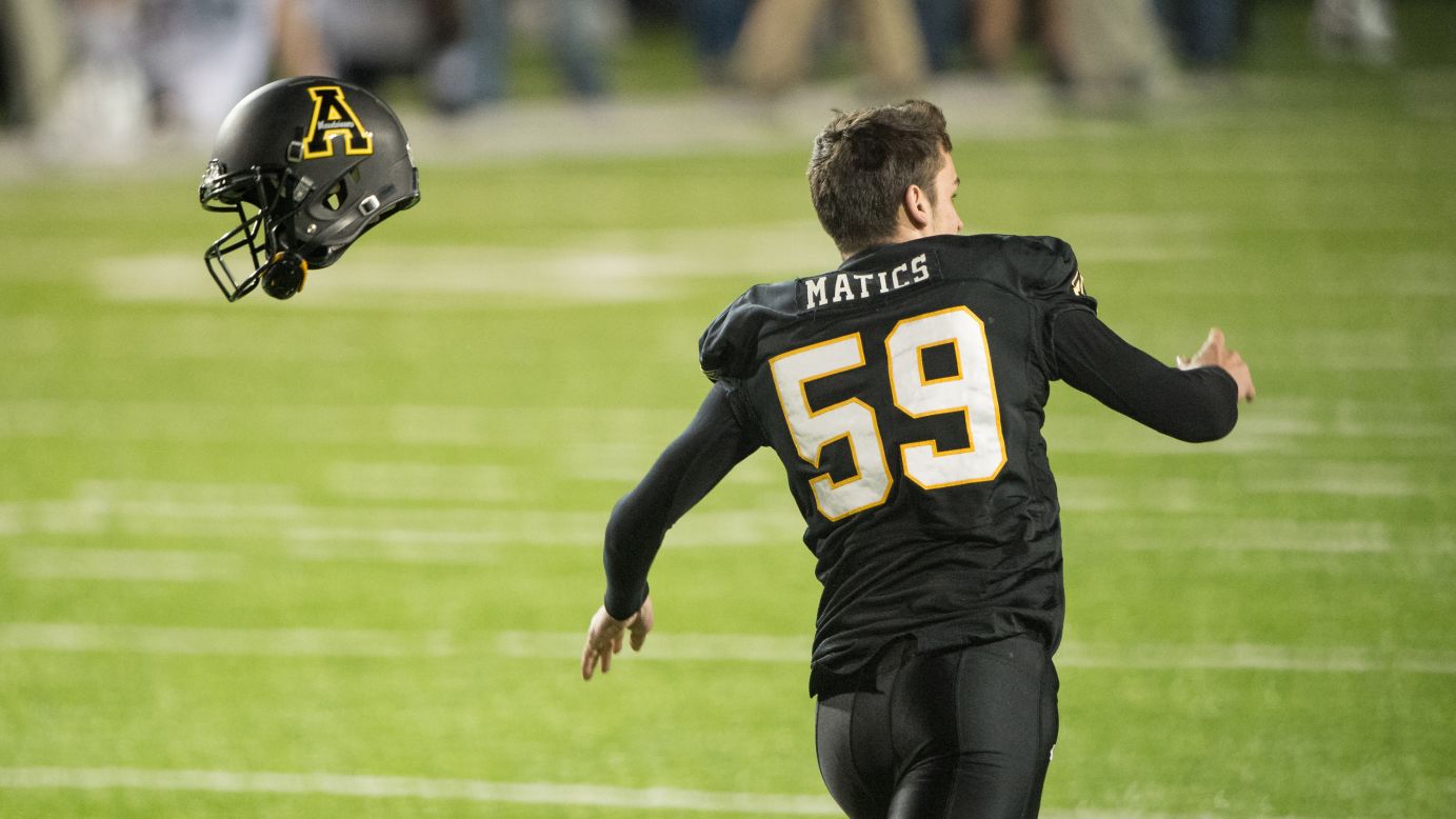 Place kicker Zach Matics of the Appalachian State Mountaineers celebrates after kicking the game-winning field goal against the Ohio Bobcats during the Raycom Media Camellia Bowl at the Cramton Bowl in Montgomery, Alabama, on Saturday, December 19. 