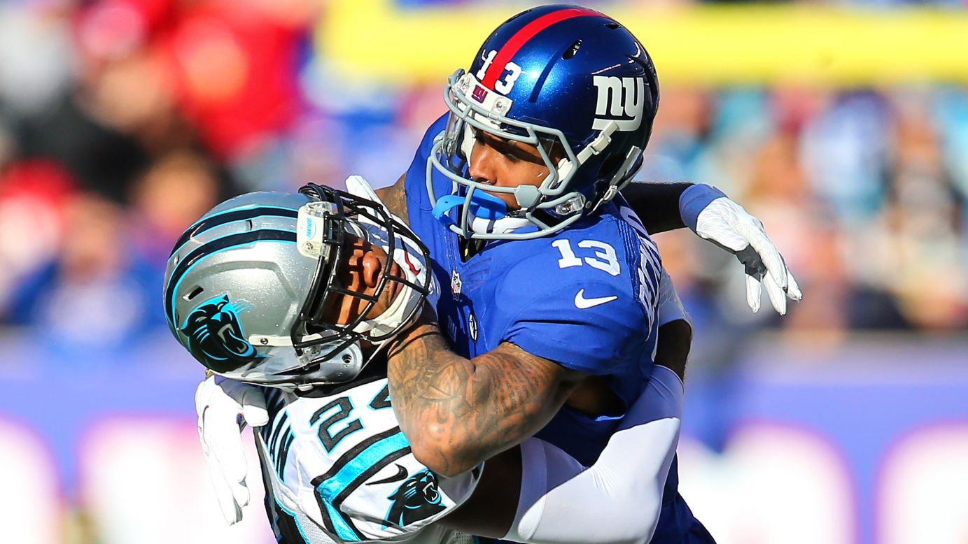 Carolina Panthers cornerback Josh Norman and New York Giants wide receiver Odell Beckham battle during the first quarter at MetLife Stadium in East Rutherford, New Jersey on Sunday, December 20.